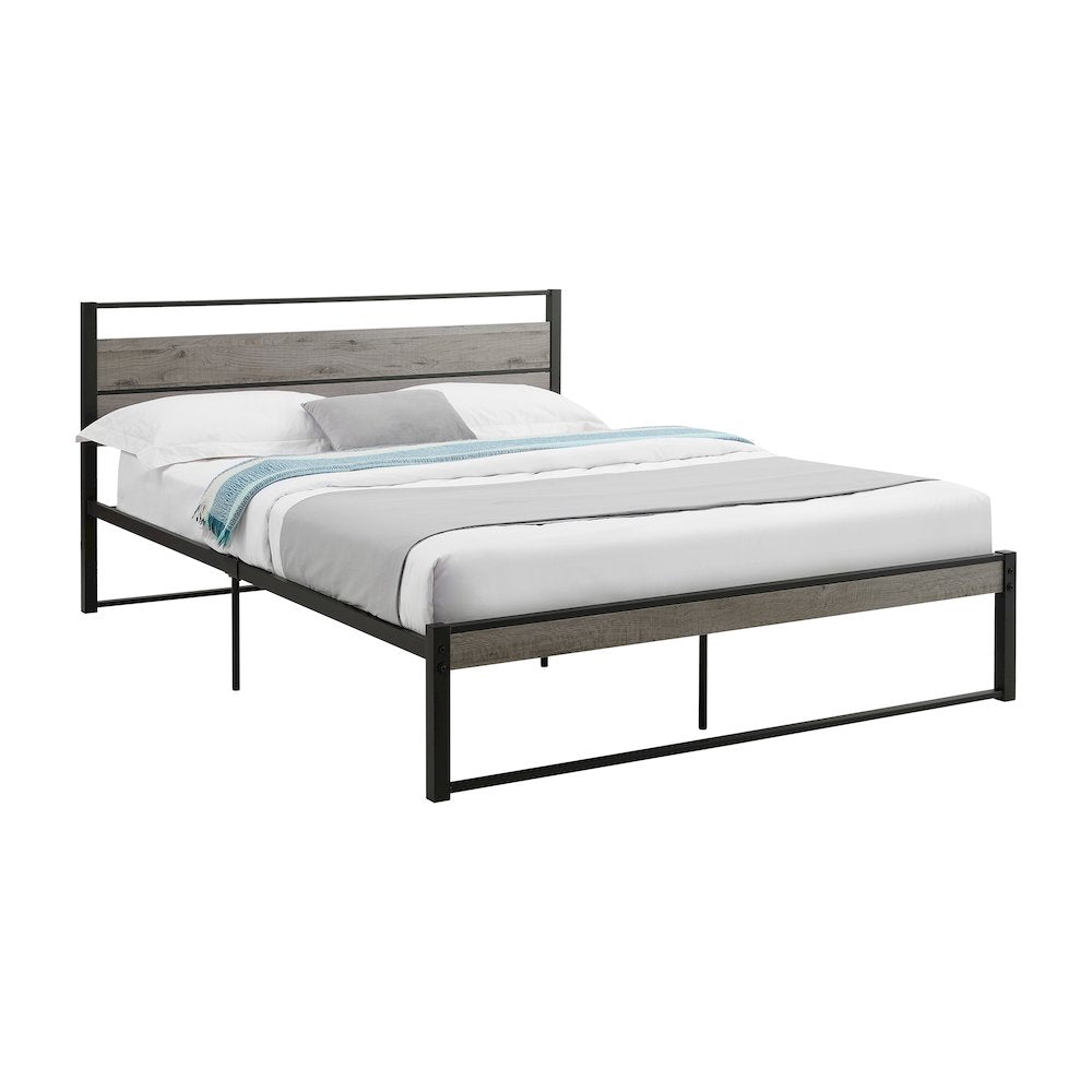 Platform Bed, Bedroom, Grey Laminate, Black Metal, Contemporary