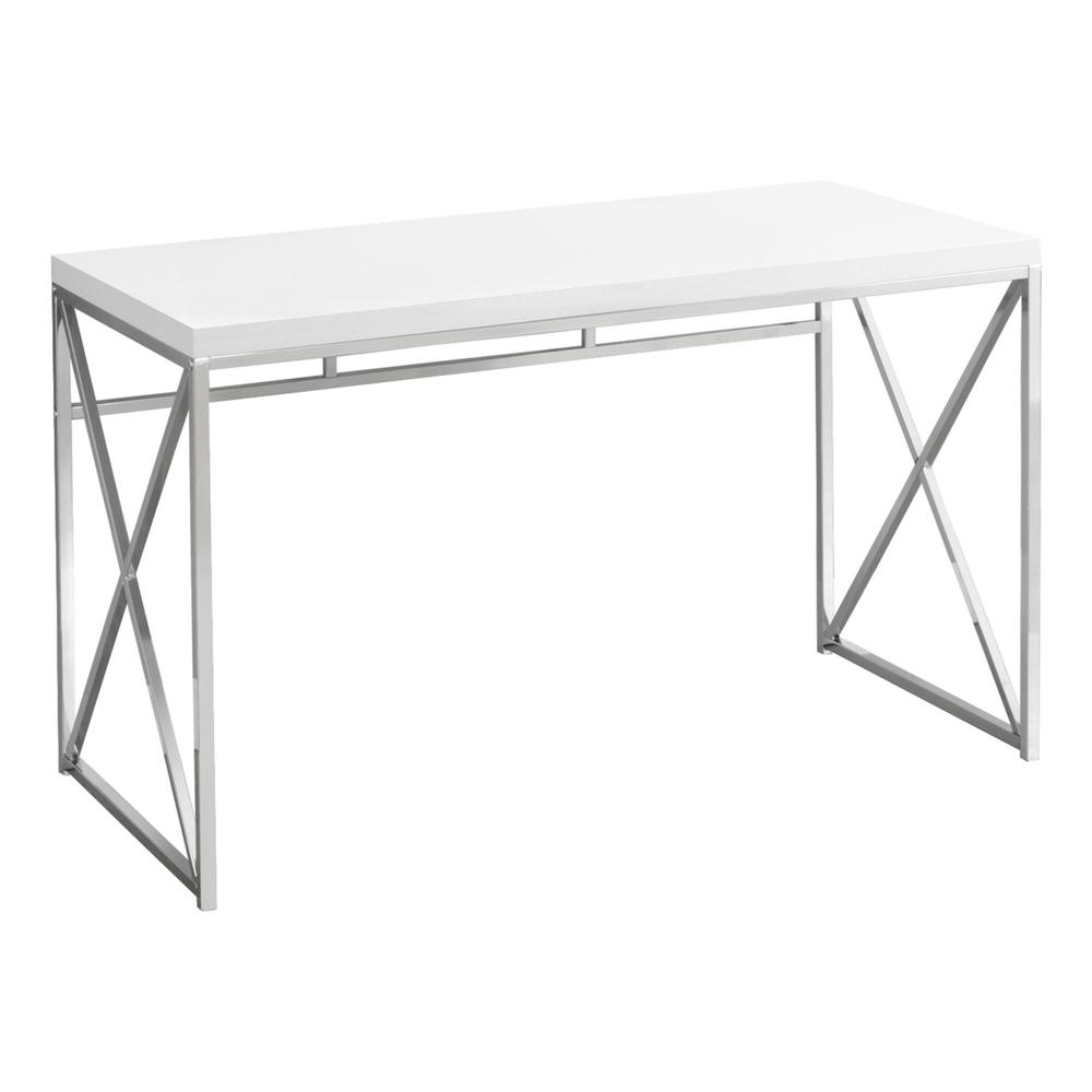 Computer Desk, Home Office, Laptop, Work, Glossy White Laminate, Chrome