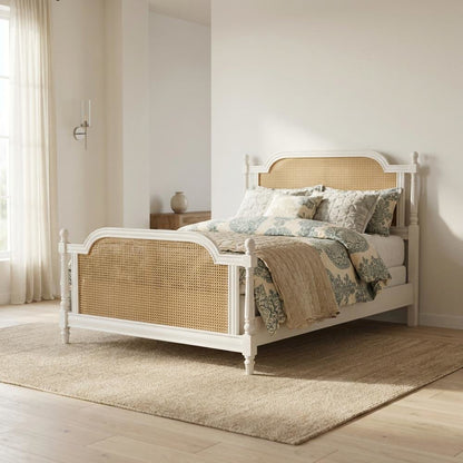 White Farmhouse Queen Bed with Metal Rails and Wood Frame