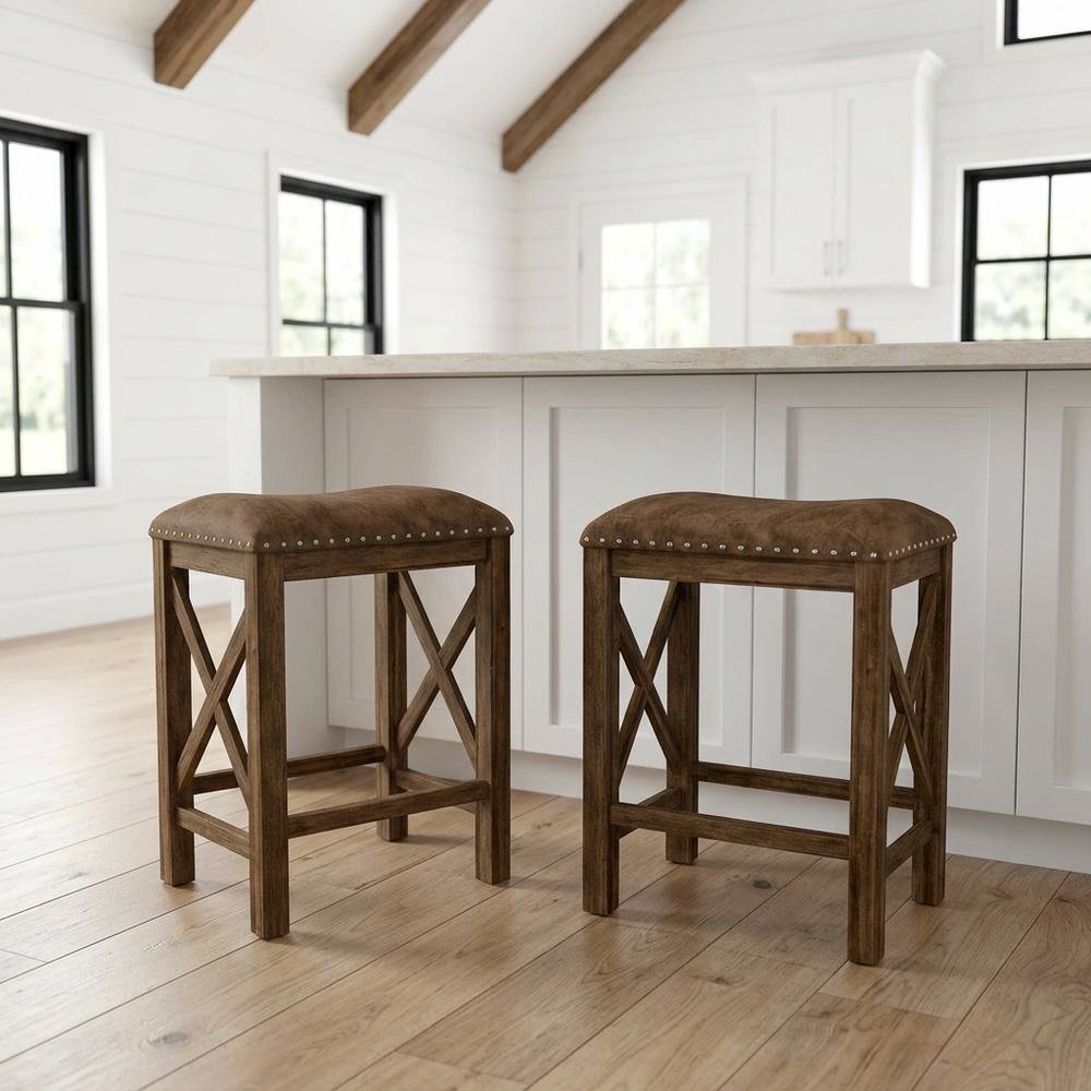 Acacia Wood Backless Counter Height Stool for Kitchen Island Counter, Set of 2
