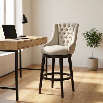 Brown Fabric Round Counter Stool with High Back and Wood Construction