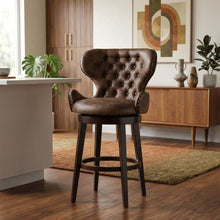 Chocolate Wood and Upholstered Swivel Counter Stool with High Back and Footrest