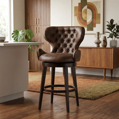 Chocolate Wood and Upholstered Swivel Counter Stool with High Back and Footrest