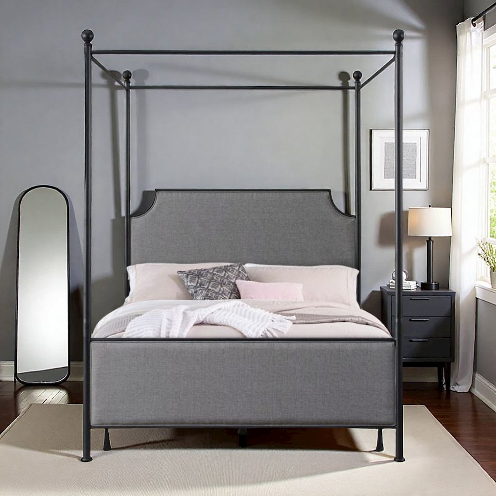 Queen Size Canopy Frame in Black Metal with Upholstered Headboard