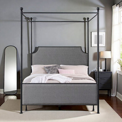 Queen Size Canopy Frame in Black Metal with Upholstered Headboard