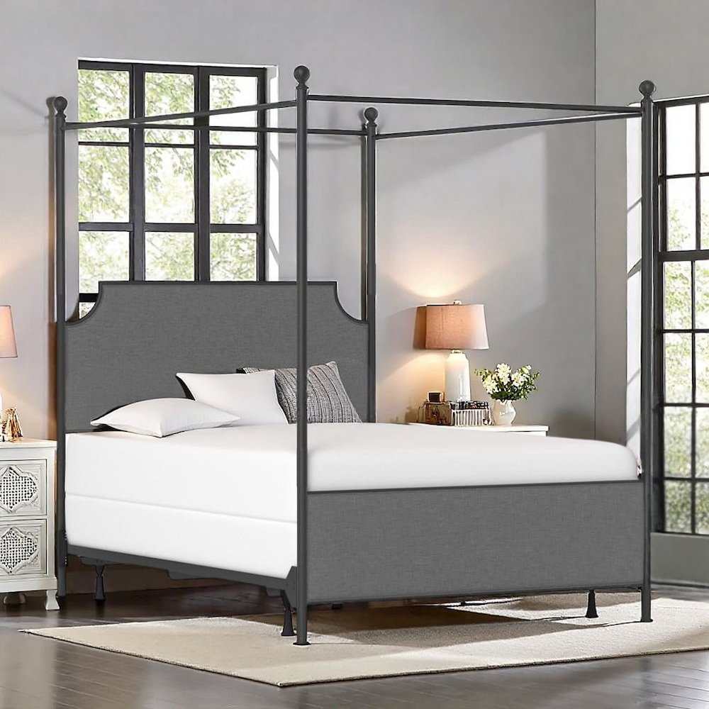 Queen Size Canopy Frame in Black Metal with Upholstered Headboard