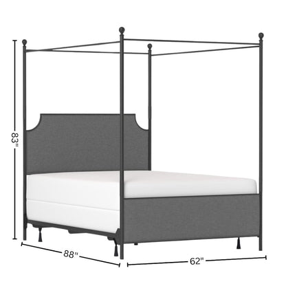 Queen Size Canopy Frame in Black Metal with Upholstered Headboard