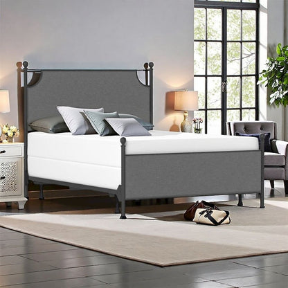 Metal Bed Frame with Gray Fabric and Queen Size Headboard and Frame