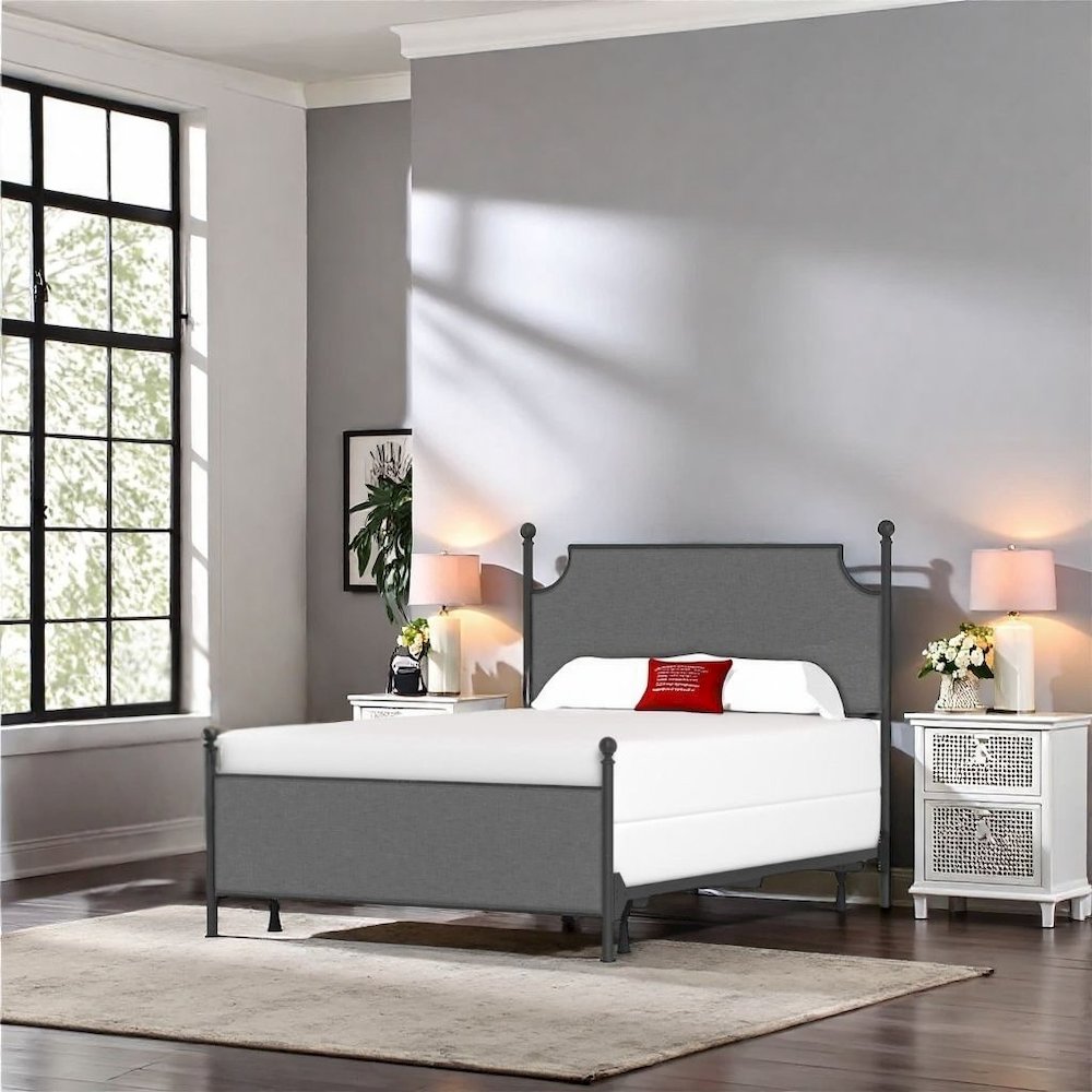 Metal Bed Frame with Gray Fabric and Queen Size Headboard and Frame