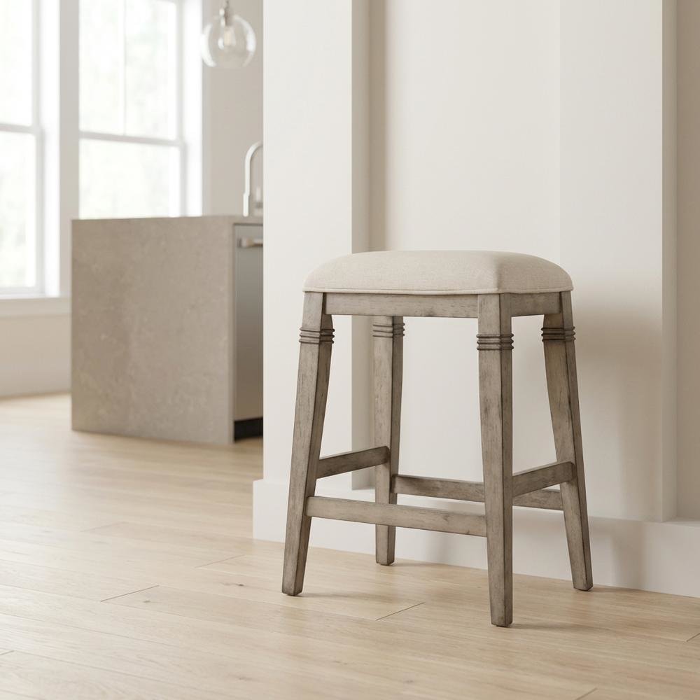 Grey Fabric Backless Counter Stool with Wood Frame and Footrest