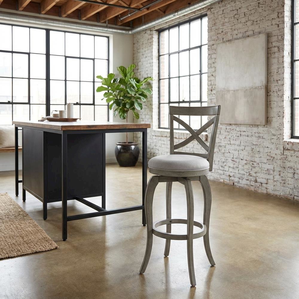 Aged Gray Fabric Counter Stool with High Back and Footrest