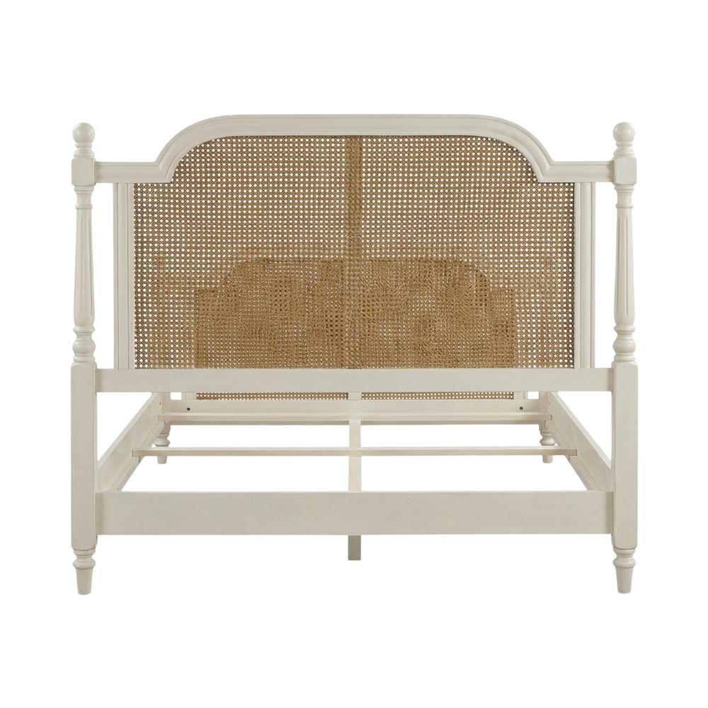 White Farmhouse Queen Bed with Metal Rails and Wood Frame