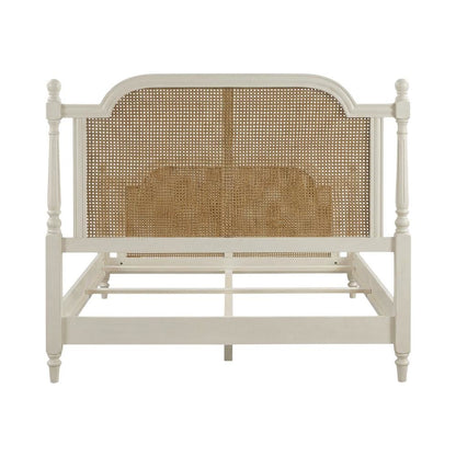 White Farmhouse Queen Bed with Metal Rails and Wood Frame