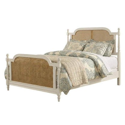 White Farmhouse Queen Bed with Metal Rails and Wood Frame