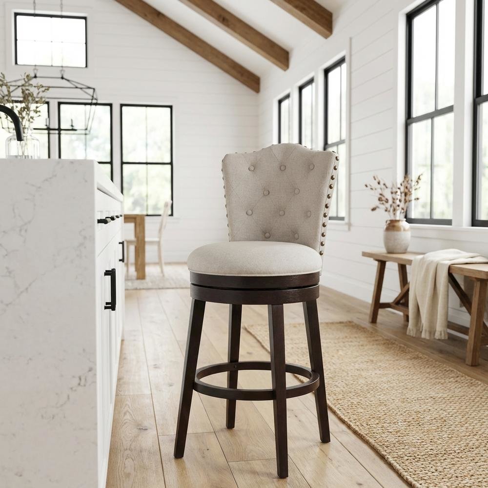 Cream Fabric Swivel Counter Stool with High Back and Floor Footrest