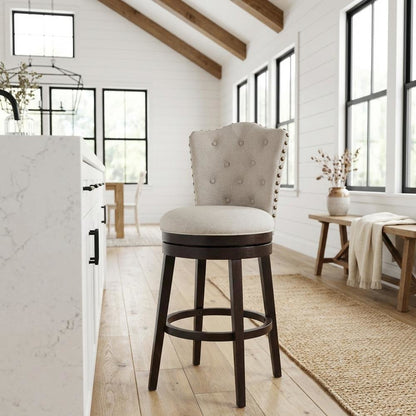 Cream Fabric Swivel Counter Stool with High Back and Floor Footrest