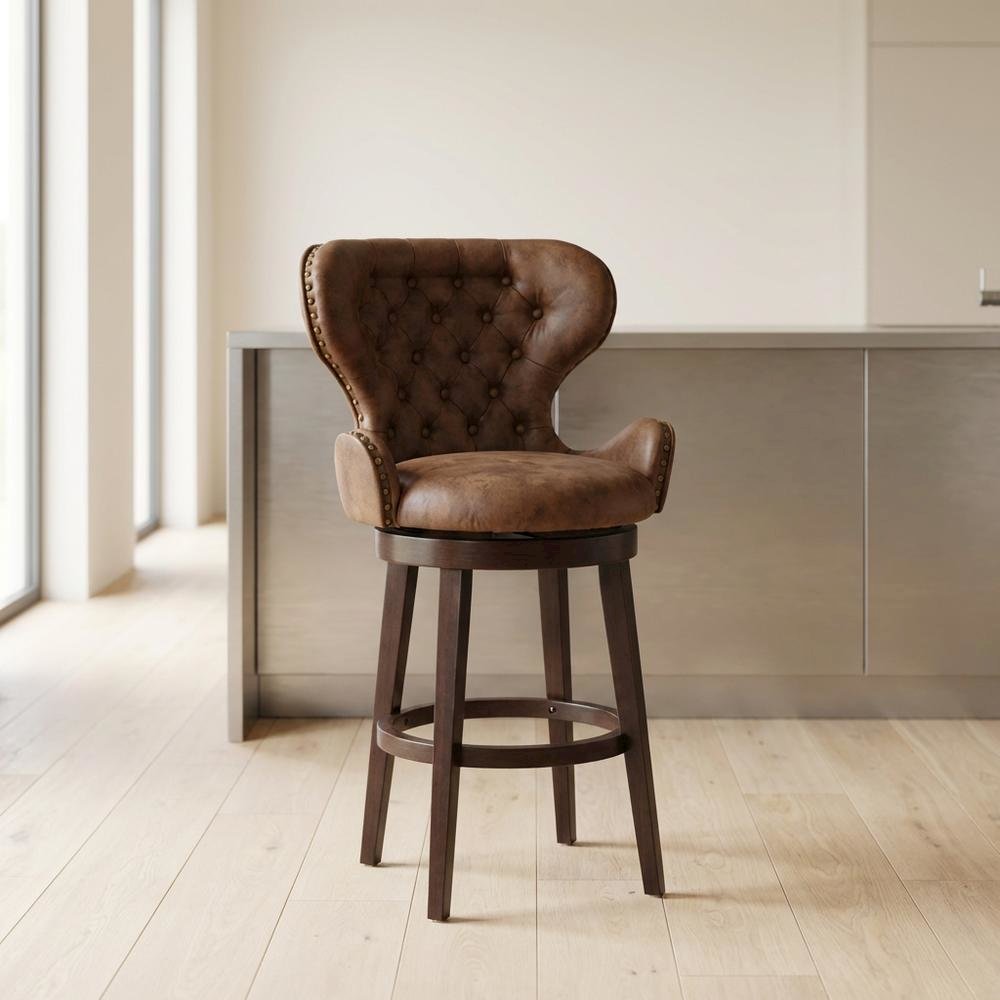 Chocolate Wood and Upholstered Swivel Counter Stool with High Back and Footrest