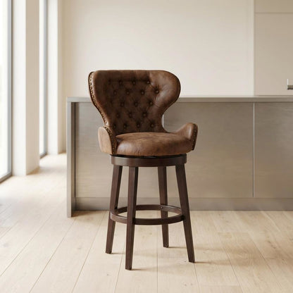 Chocolate Wood and Upholstered Swivel Counter Stool with High Back and Footrest