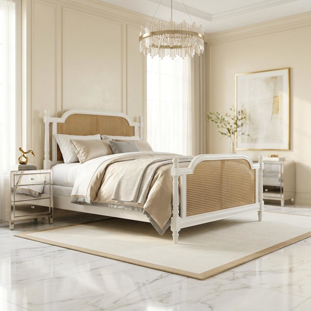 White Farmhouse Queen Bed with Metal Rails and Wood Frame