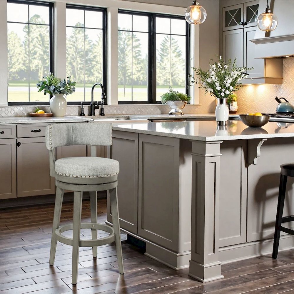 Gray Swivel Bar Stool with Upholstered Seat and Sturdy Wood Bar Stool Base