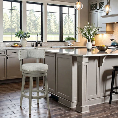 Gray Swivel Bar Stool with Upholstered Seat and Sturdy Wood Bar Stool Base