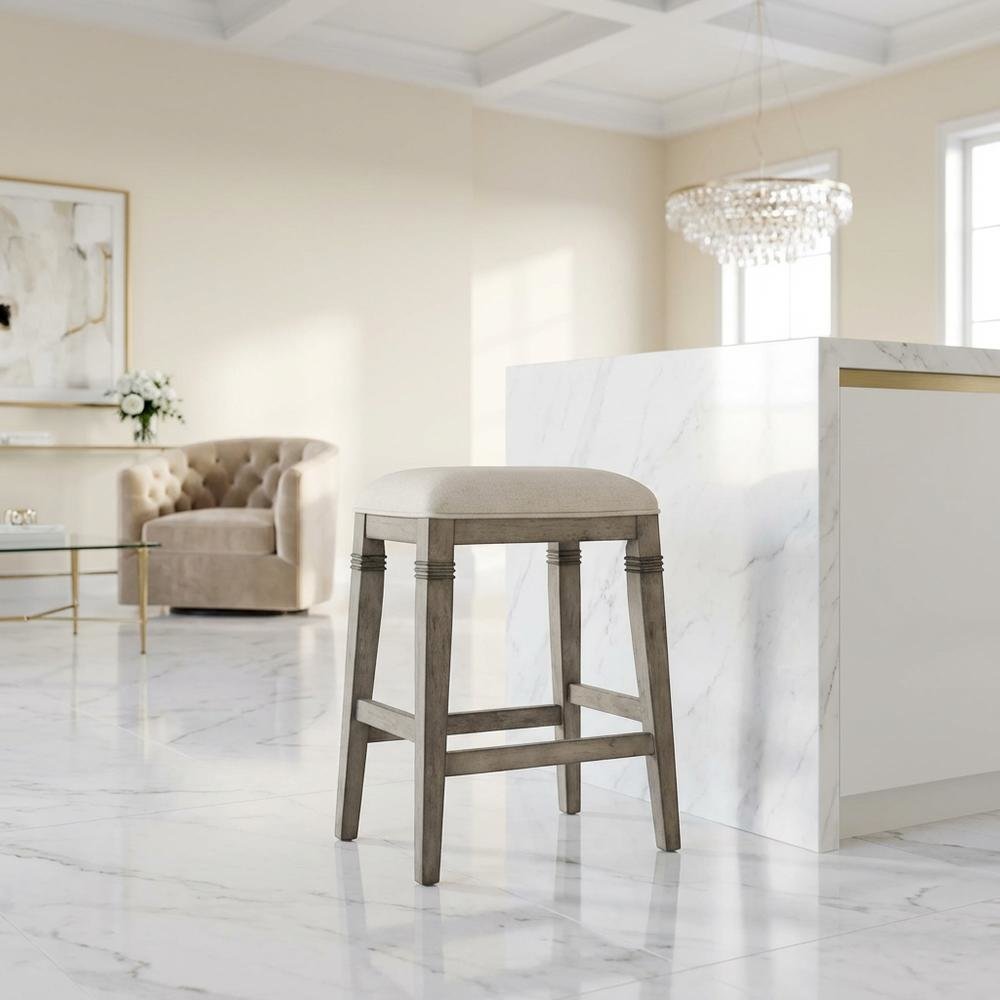 Grey Fabric Backless Counter Stool with Wood Frame and Footrest