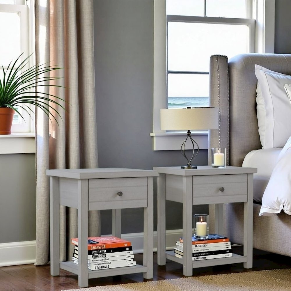 Gray Nightstands Set of 2 Wooden Side Tables with Drawer and Shelf