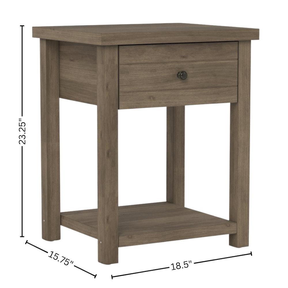 Grey Nightstand Wooden Side Table with Drawer and Open Storage Shelf
