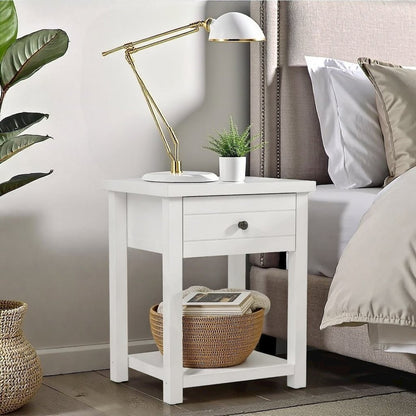 White Nightstand Wooden Side Table with Drawer and Open Storage Shelf