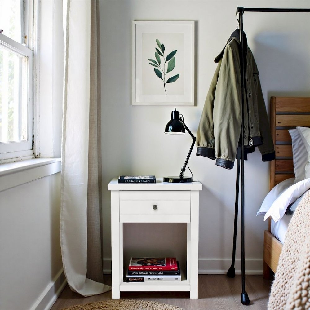 White Nightstand Wooden Side Table with Drawer and Open Storage Shelf