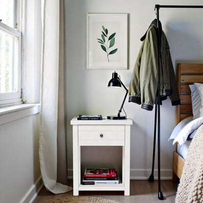 White Nightstand Wooden Side Table with Drawer and Open Storage Shelf