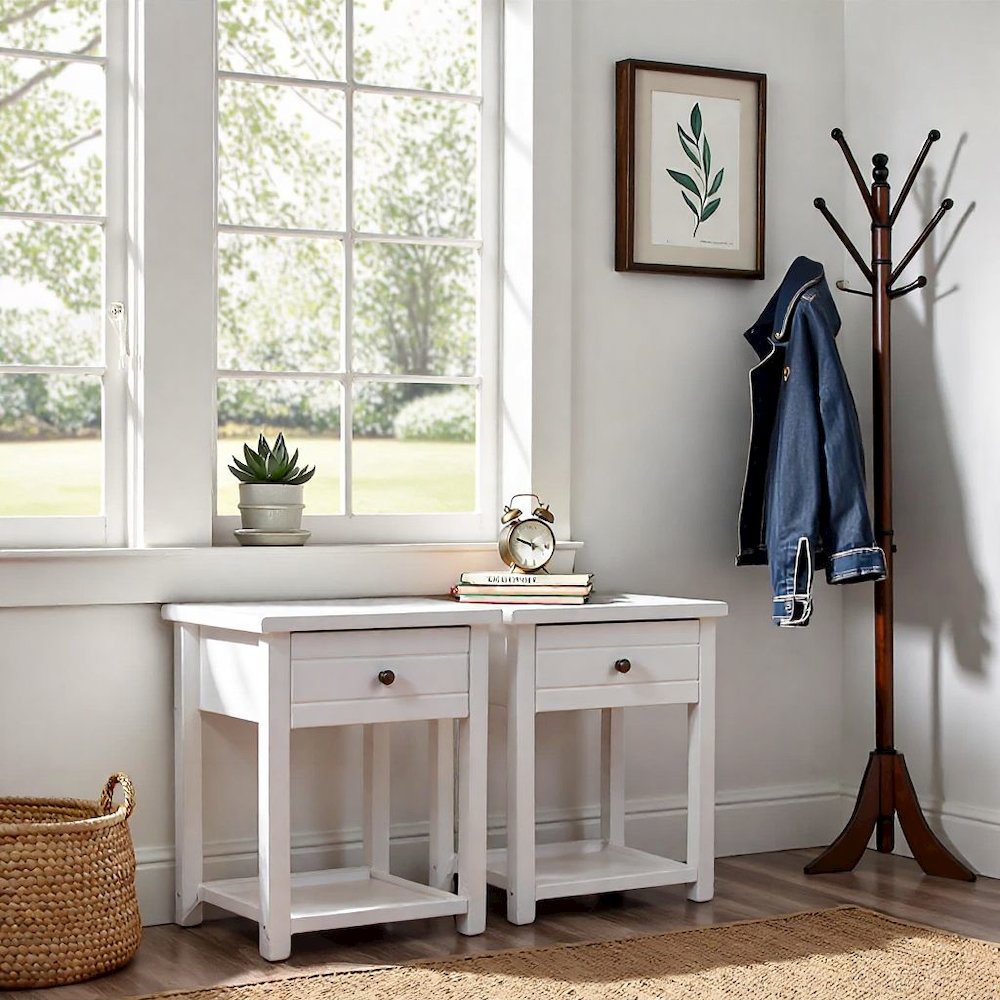 White Nightstands Set of 2 Wooden Side Tables with Drawer and Shelf