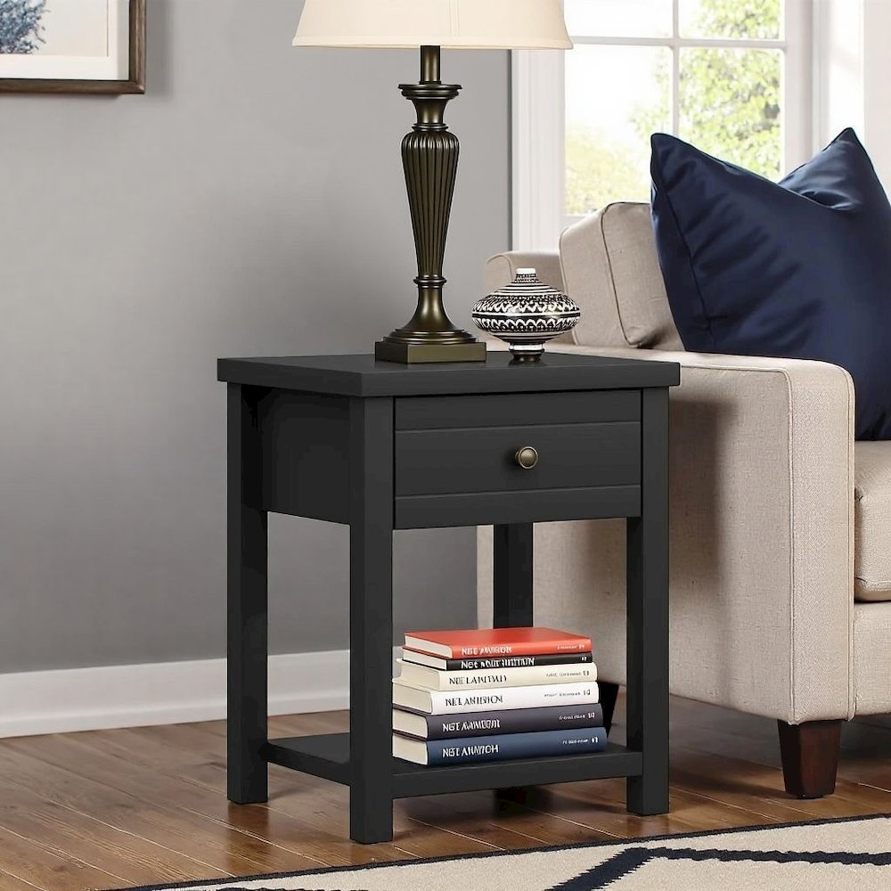 Matte Black Nightstand Wooden Side Table with Drawer and Lower Shelf