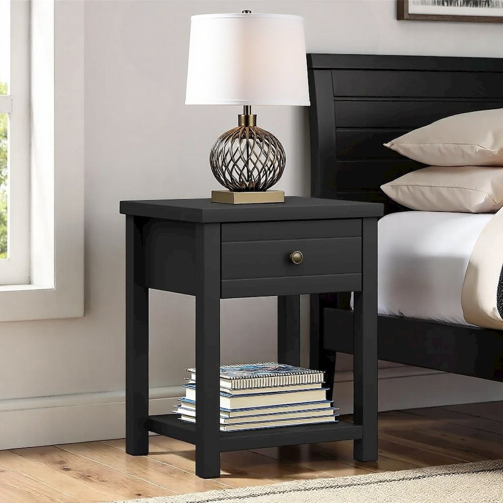 Matte Black Nightstand Wooden Side Table with Drawer and Lower Shelf