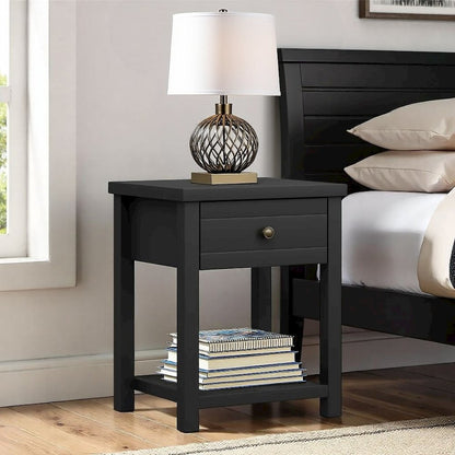 Matte Black Nightstand Wooden Side Table with Drawer and Lower Shelf