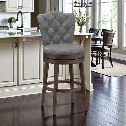 Dark brown Wood Swivel Bar Stool with Round Seat and Arch Back Design