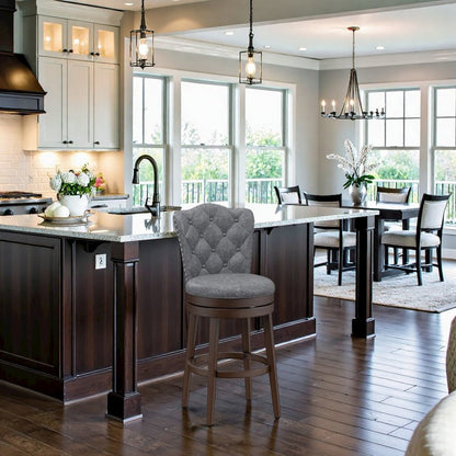 Dark brown Wood Swivel Bar Stool with Round Seat and Arch Back Design