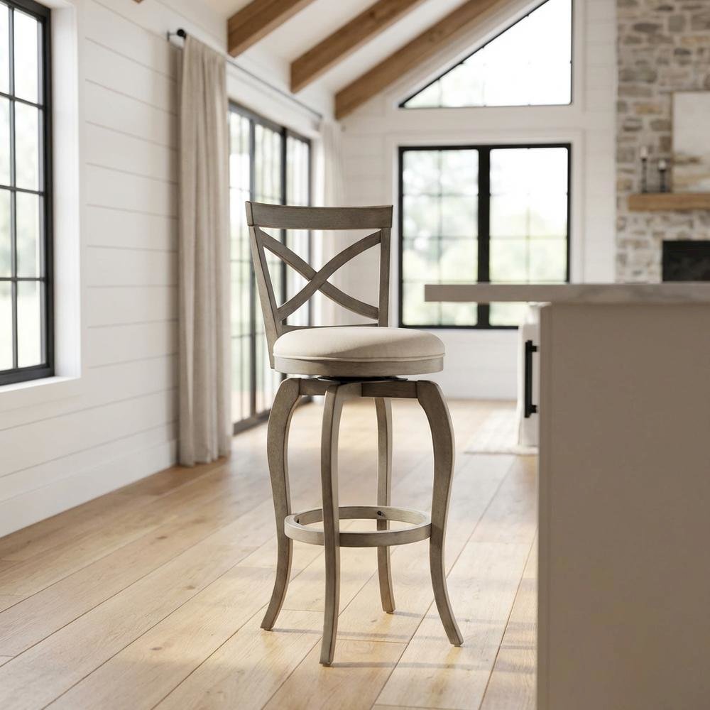 Aged Gray Fabric Counter Stool with High Back and Footrest