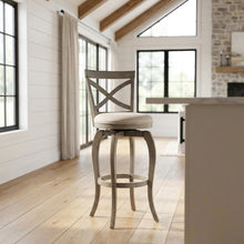 Aged Gray Fabric Counter Stool with High Back and Footrest