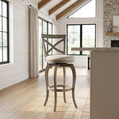 Aged Gray Fabric Counter Stool with High Back and Footrest