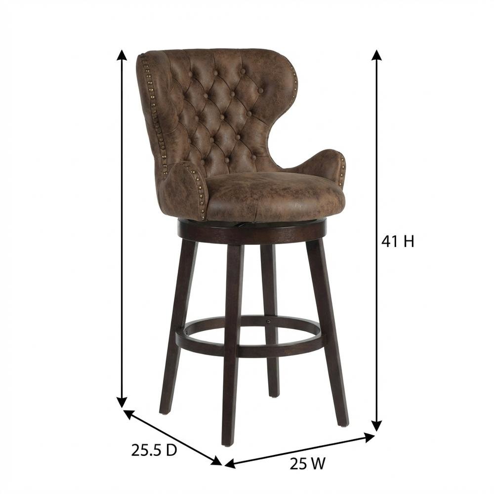 Chocolate Wood and Upholstered Swivel Counter Stool with High Back and Footrest