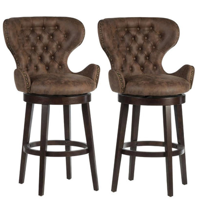 Chocolate Wood and Upholstered Swivel Counter Stool with High Back and Footrest