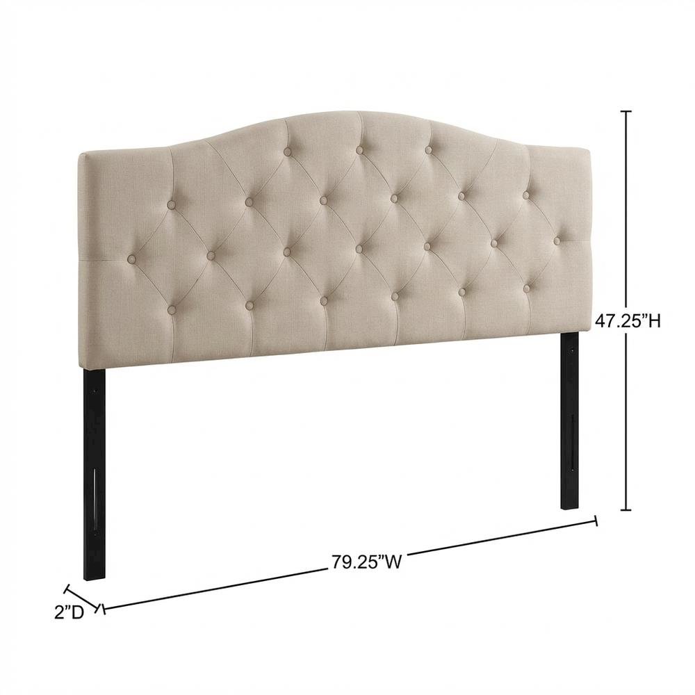 Light Beige Upholstered Tufted King Headboard, Black MDF Frame, Traditional