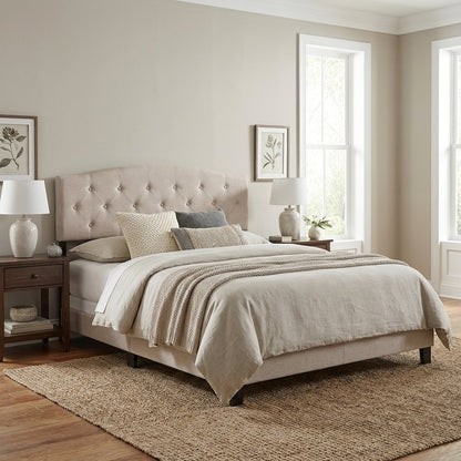Light Beige Upholstered Tufted King Headboard, Black MDF Frame, Traditional