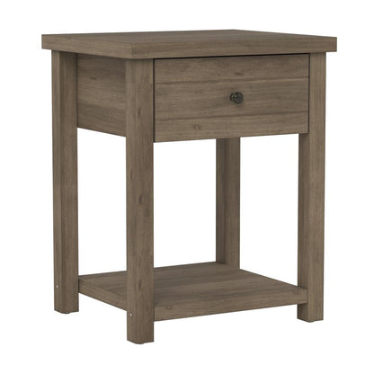 Grey Nightstand Wooden Side Table with Drawer and Open Storage Shelf