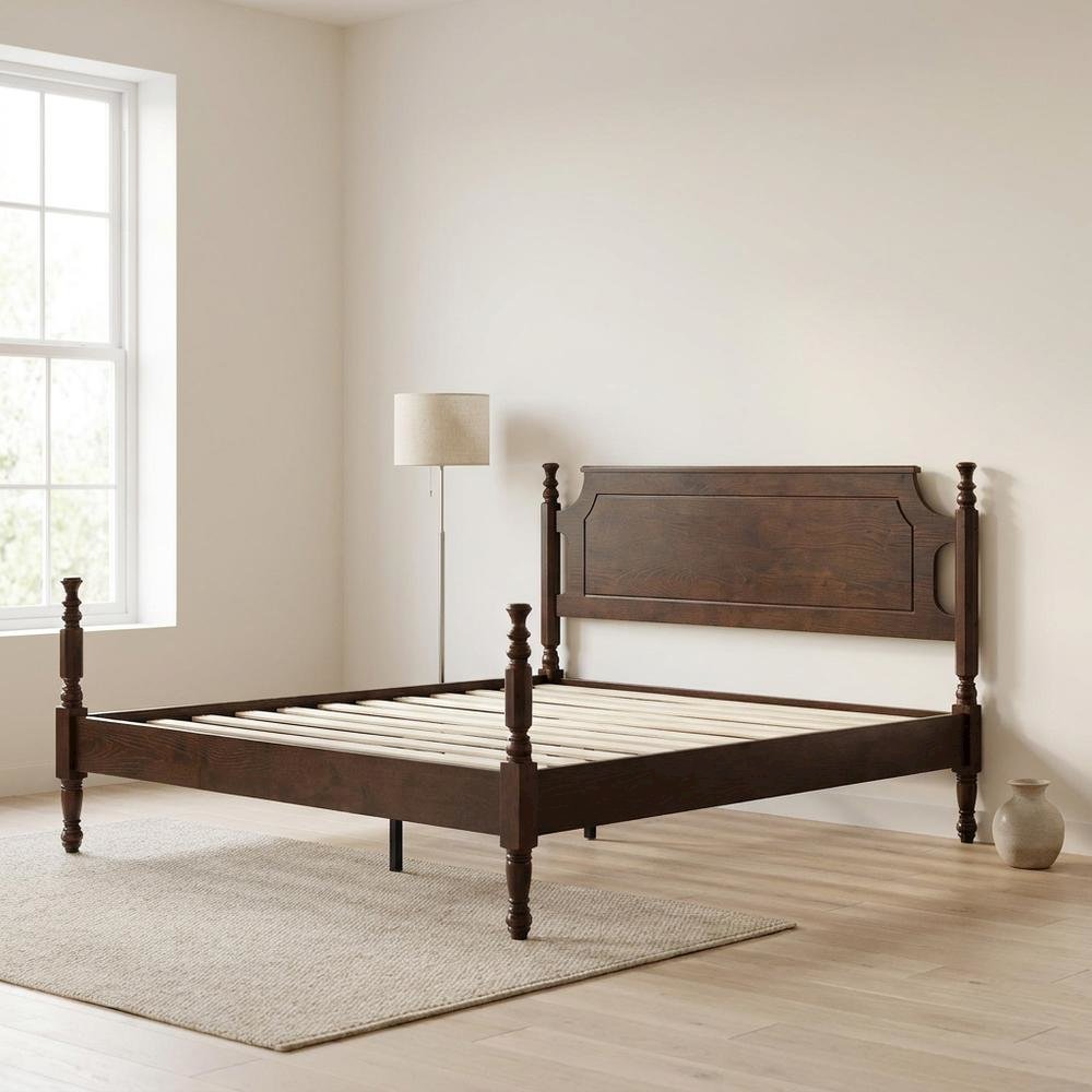 King Solid Wood Platform Bed with Headboard, Traditional, Dark Roast Oak, King