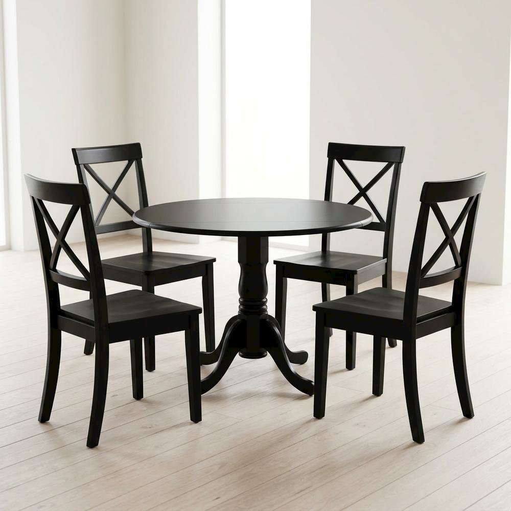 Wood Round Kitchen Table & Chairs 5-Piece Set, Pedestal Base, Black