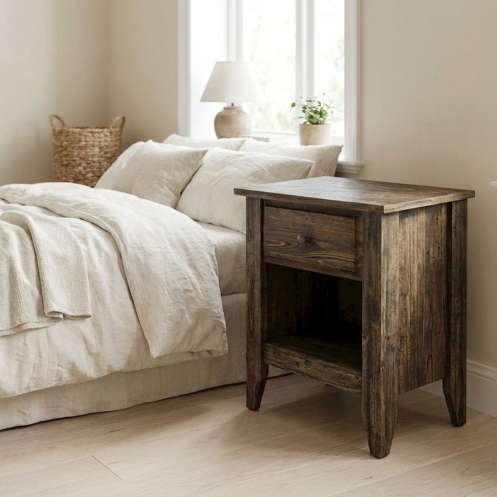 Distressed Jacobean Nightstand with Wooden Drawer and Sturdy Construction