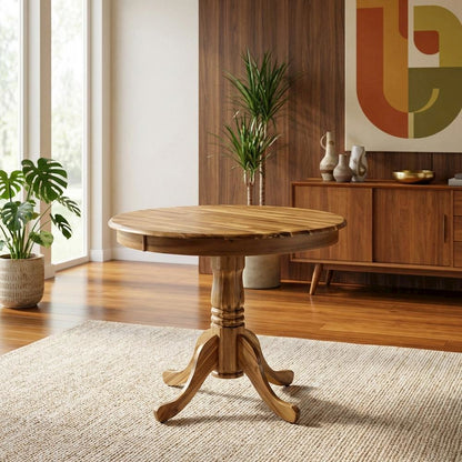 Natural Round Pedestal Dining Table, Traditional Style, Seats 4