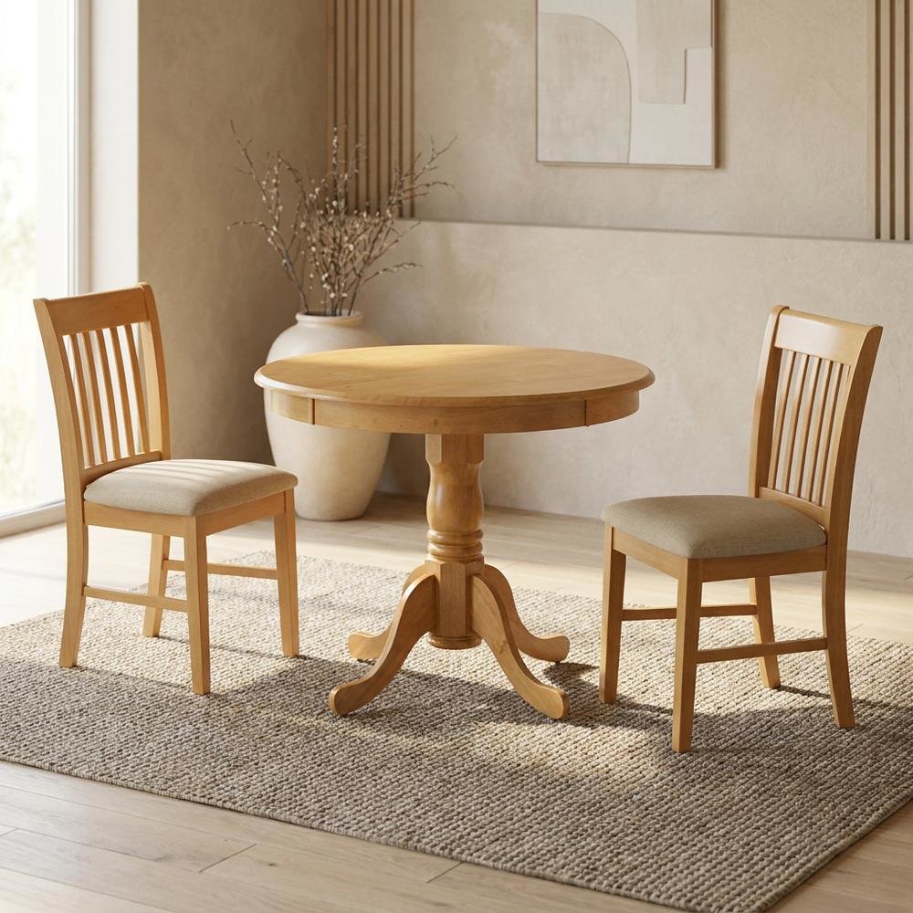 Solid Wood Round Kitchen Table & Chairs 3-Piece, Microfiber Seats